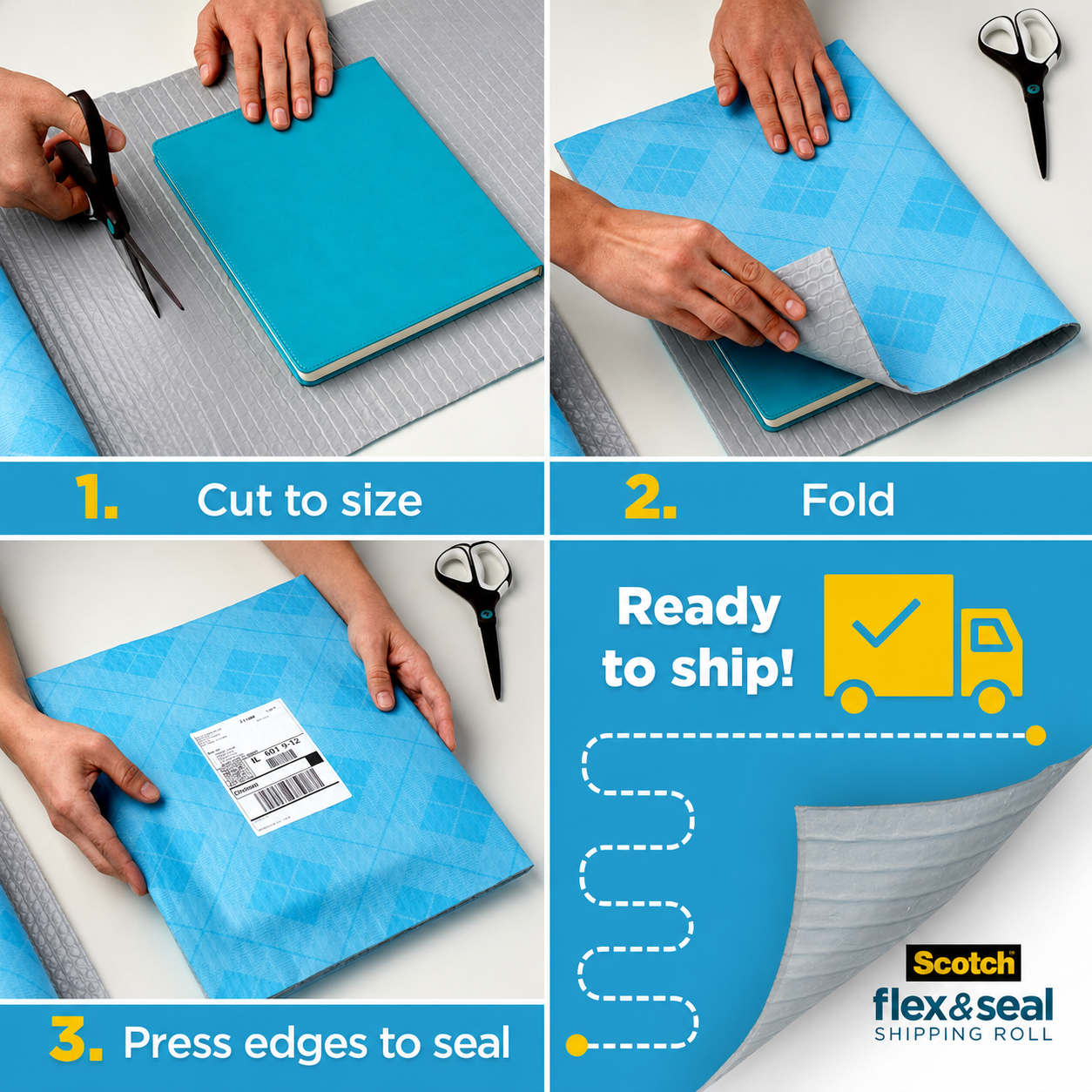 Three numbered steps: cutting the material to size around a notebook, folding it over, and pressing the edges down with the label attached, ready to ship.