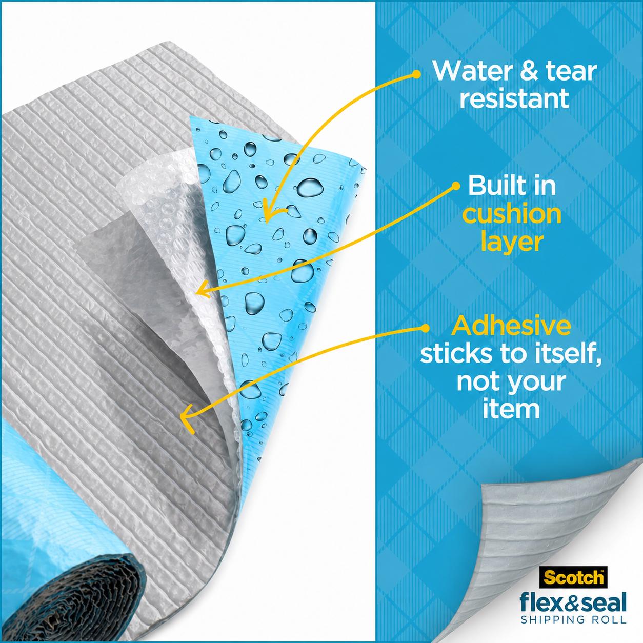A cutaway of the material showing three layers: a blue outer face beaded with water, a bubble cushion layer, and the grey self sealing inner face.