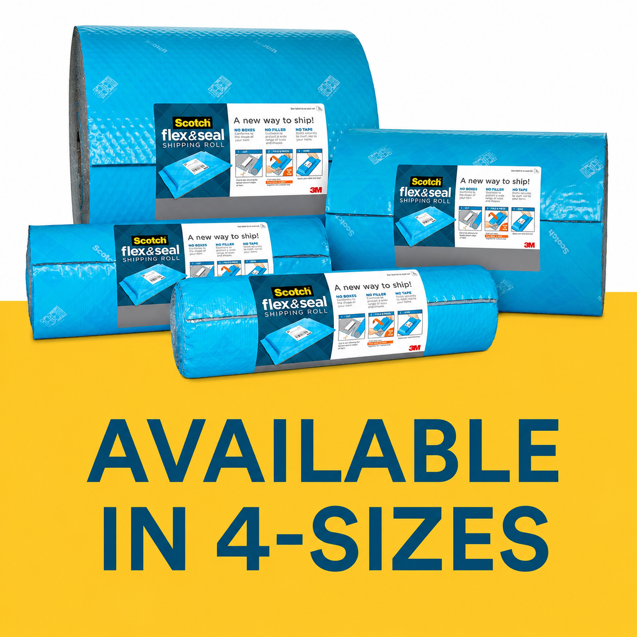 Four rolls of the wrap in different sizes on a yellow background, under a caption saying the product comes in four sizes.