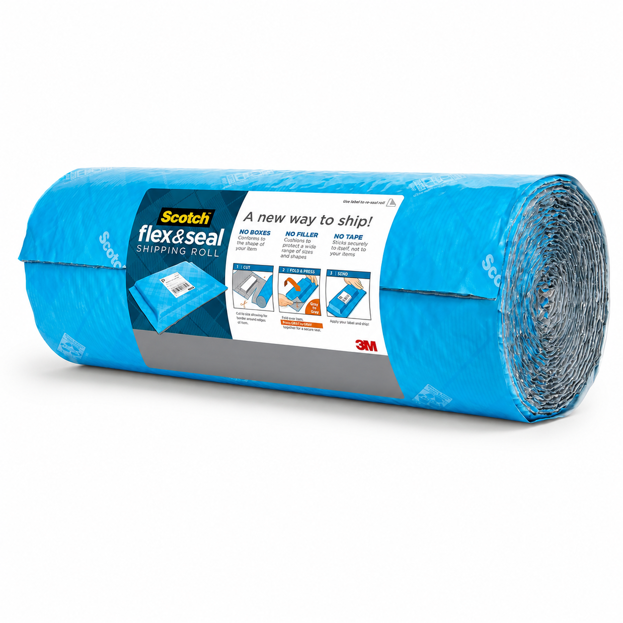 The roll pack seen at an angle, with the tightly coiled grey and blue material visible at the open end.
