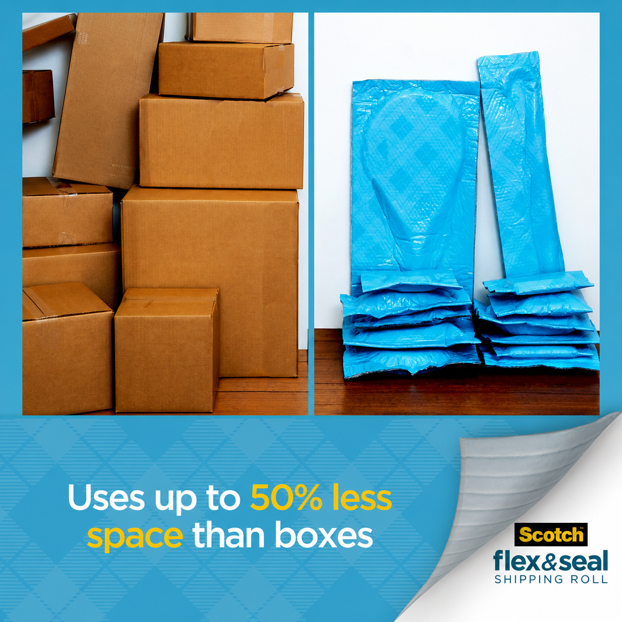 Two photographs side by side: a stack of cardboard boxes, and the same kind of items packed flat in blue wraps, under a caption comparing the space each takes.