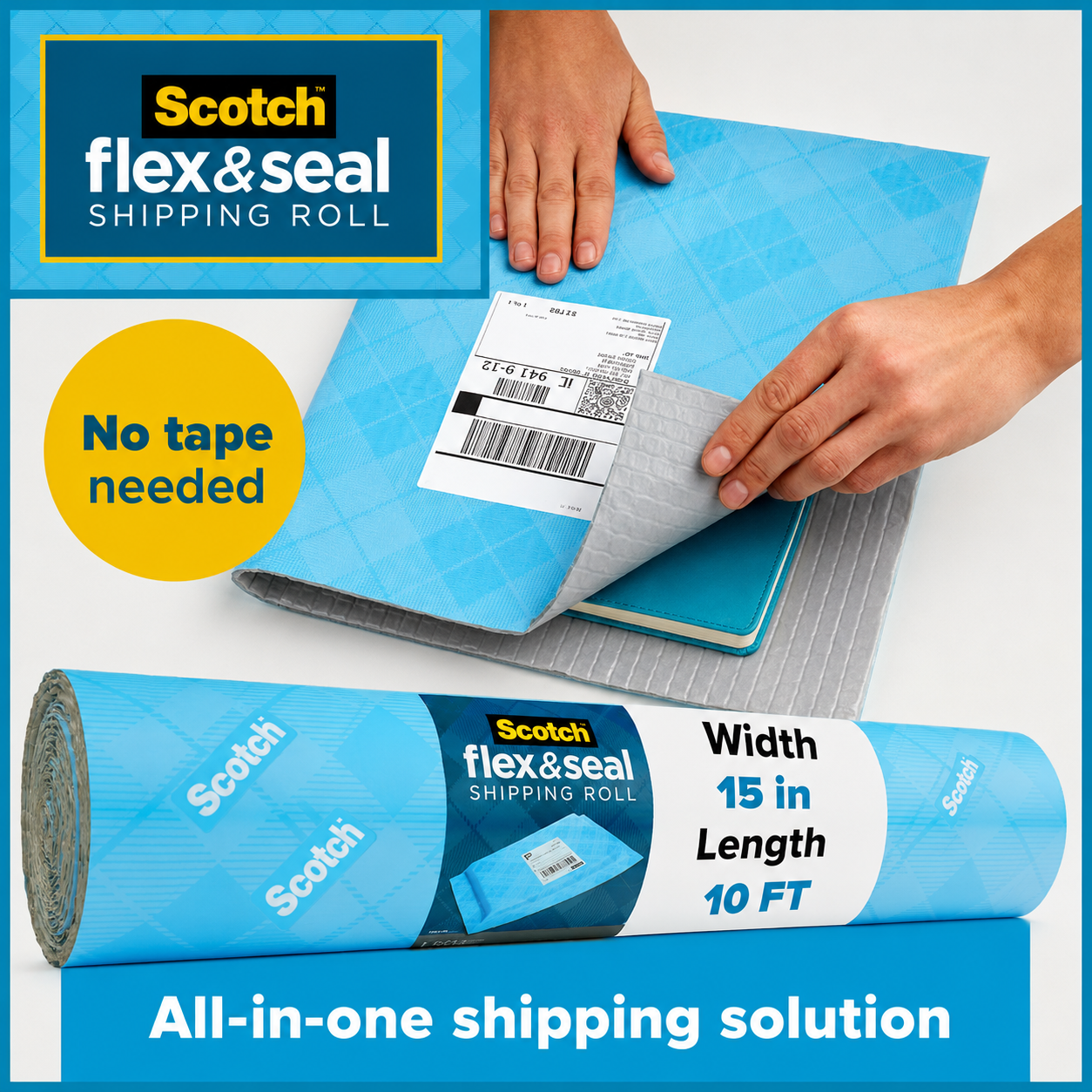 Two hands pressing the wrap closed over a notebook that already carries its shipping label, above a roll marked 15 inches wide and 10 feet long.