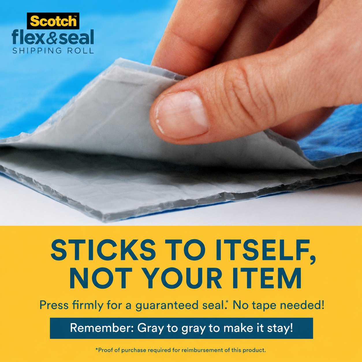 A hand lifting the grey inner face of a cut sheet away from the blue outer face, above a caption reminding you to press grey to grey.