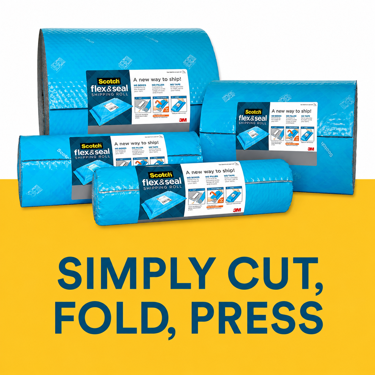 Four rolls of the wrap in different sizes standing together on a yellow background, under a caption about cutting, folding and pressing.