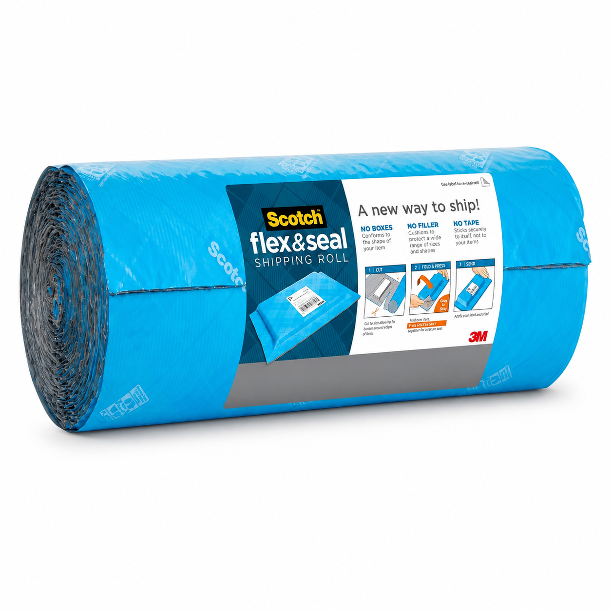 The roll pack seen from the other end, the coiled material visible on the left and the instruction panel facing the camera.