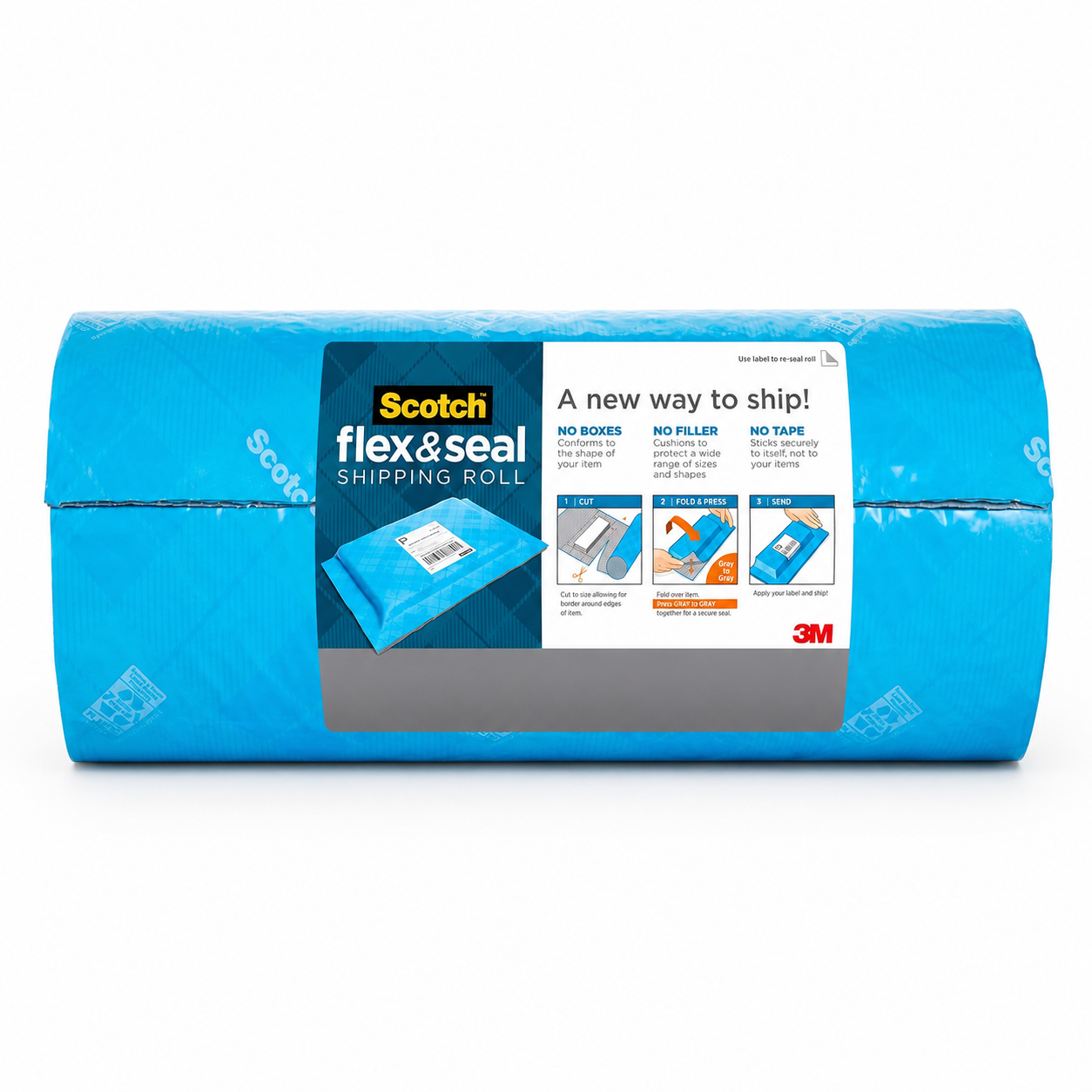 The front of the roll pack, printed with a three step cut, fold and press guide and the instruction to press grey to grey for a secure seal.