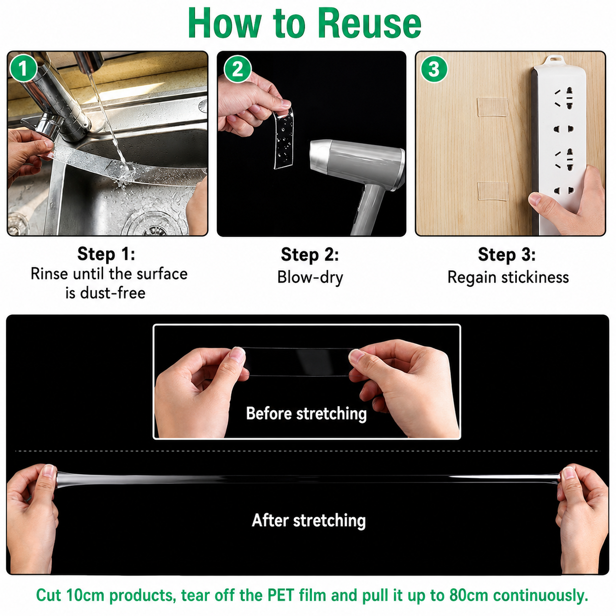 Three steps for reusing the tape, rinsing it under a tap, blow drying it and pressing it back into place, above a strip being stretched from short to long.