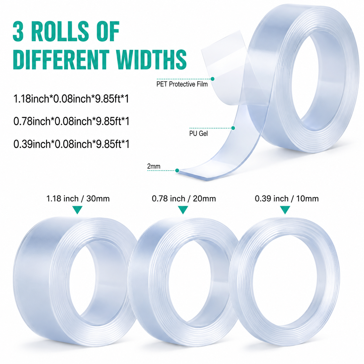 A labelled diagram of the tape: a PET protective film peeling off a 2mm layer of PU gel, with the three rolls below at 30mm, 20mm and 10mm wide.