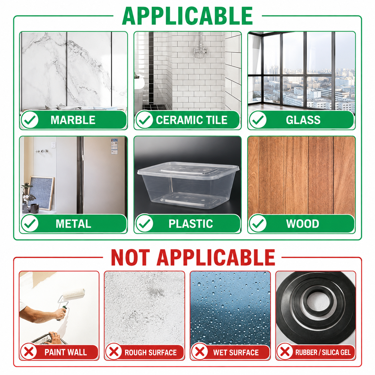 Two labelled panels: applicable to marble, ceramic tile, glass, metal, plastic and wood, and not applicable to painted walls, rough surfaces, wet surfaces or rubber and silicone.
