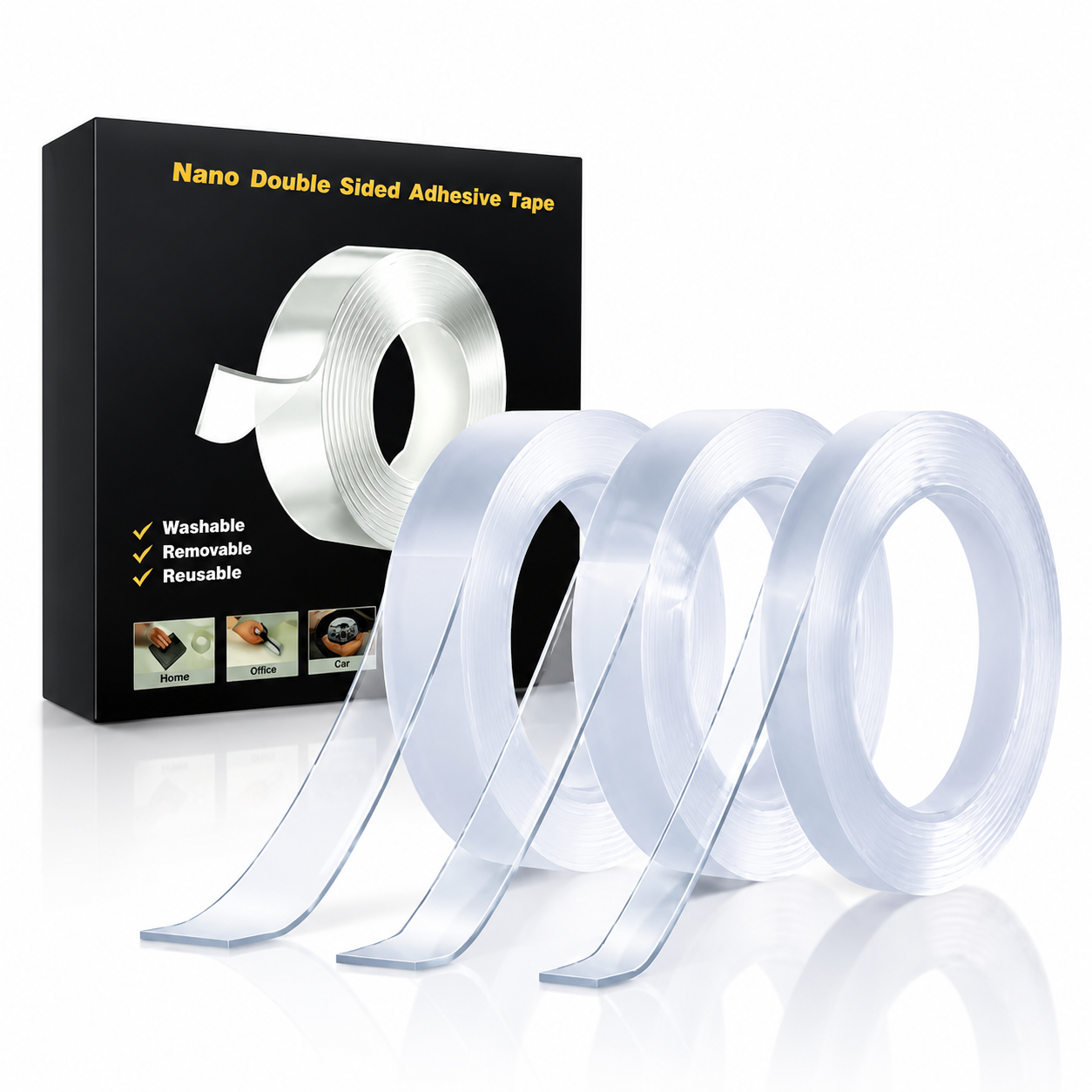 Three rolls of clear nano tape stood in a row beside their black box, which is printed washable, removable and reusable.