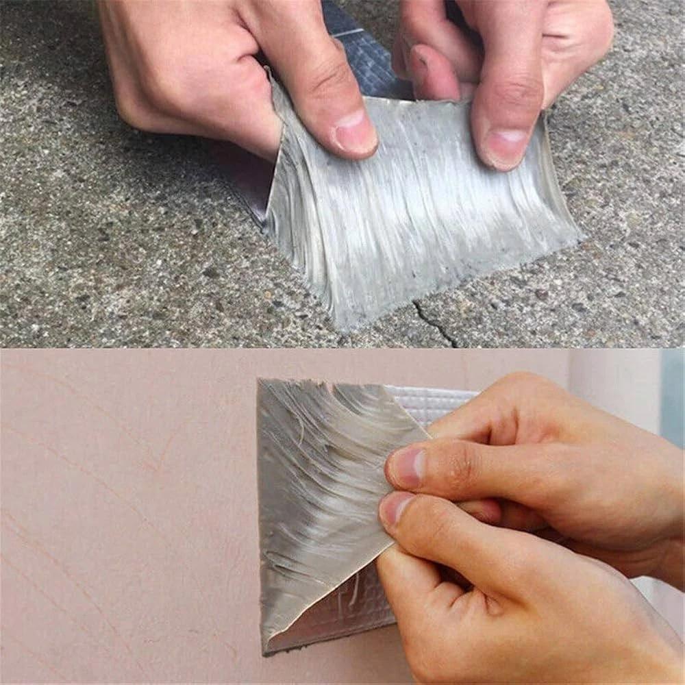 Two photographs: the tape pressed over a crack in a concrete path, and a hand lifting it from a pale wall so the stringy butyl underside is visible.