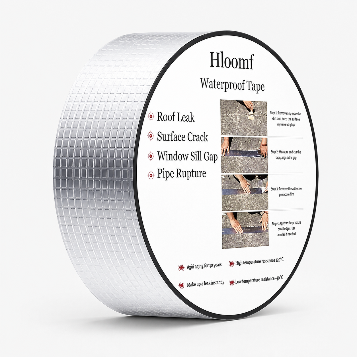 A roll of silver foil butyl tape stood beside its retail card, which lists roof leak, surface crack, window sill gap and pipe rupture, with a four step how to.