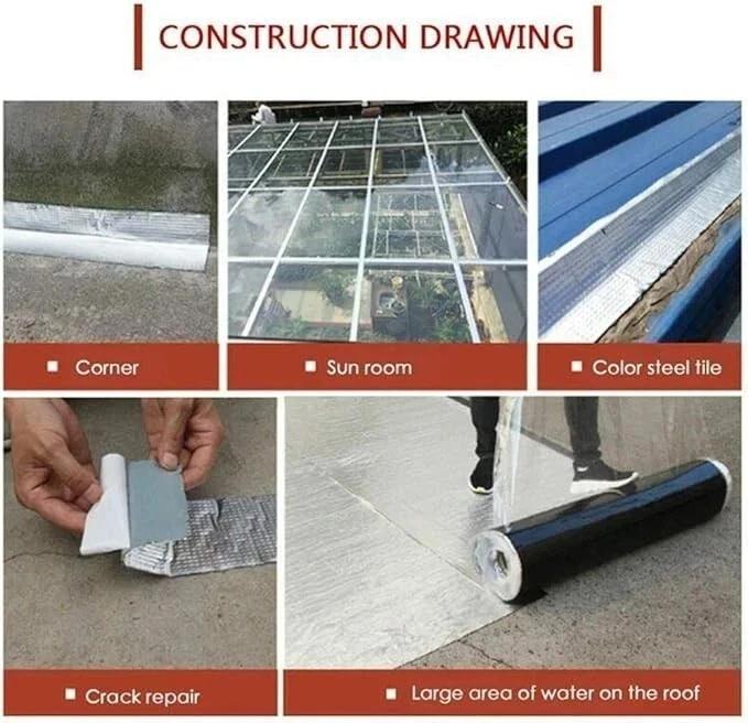 Six photographs of the tape in use, labelled corner, sun room, colour steel tile and crack repair, one showing a whole roll unrolled across a flat roof.