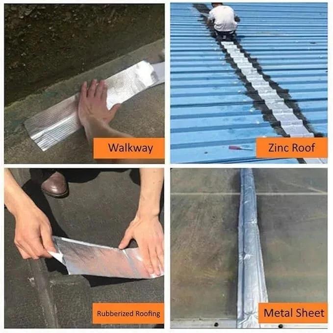 Four photographs of the tape in use, labelled walkway, zinc roof, rubberised roofing and metal sheet, including a long seam taped along a blue corrugated roof.