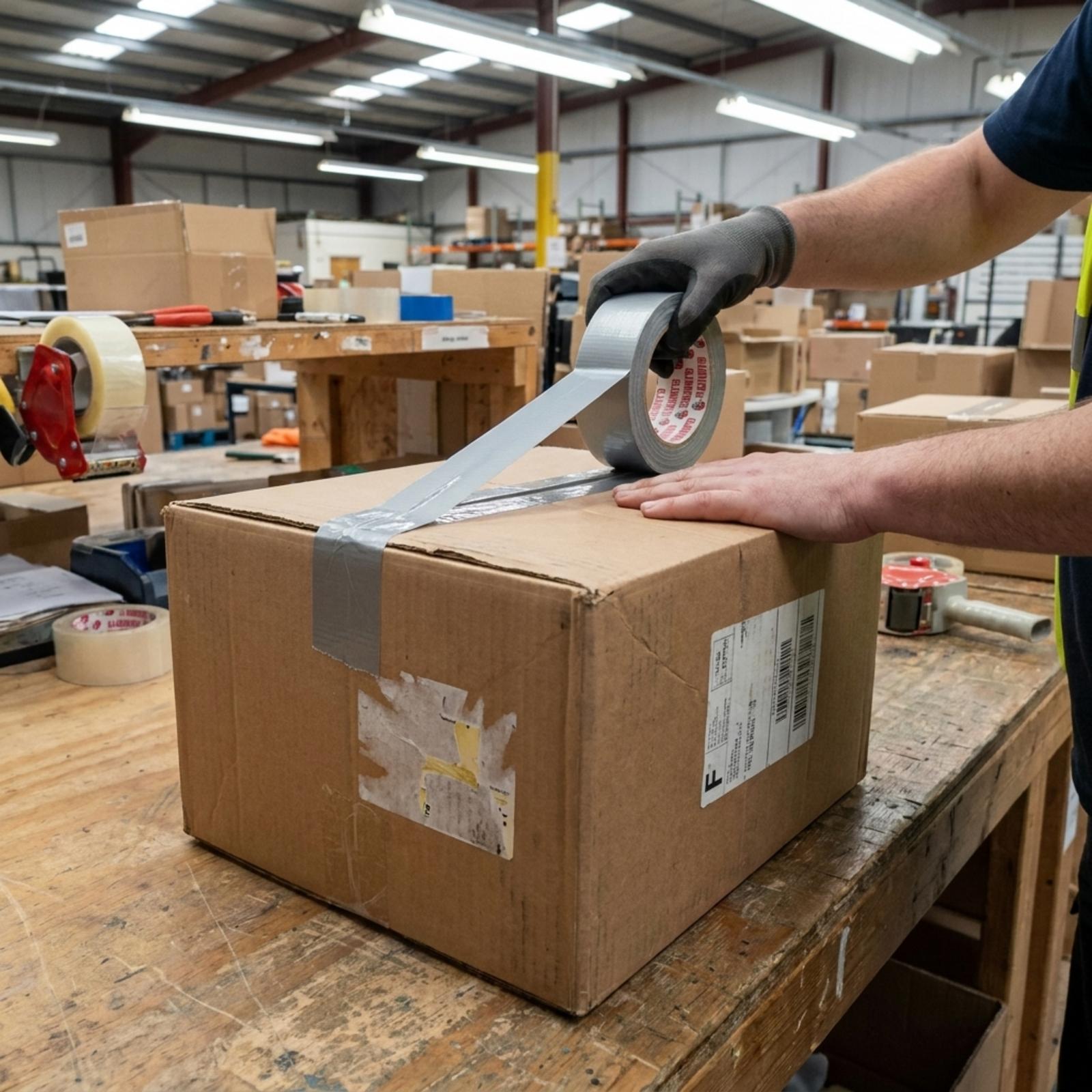 A warehouse worker in gloves and a hi-vis vest pulling silver tape from the roll to seal a used cardboard box on a packing bench.