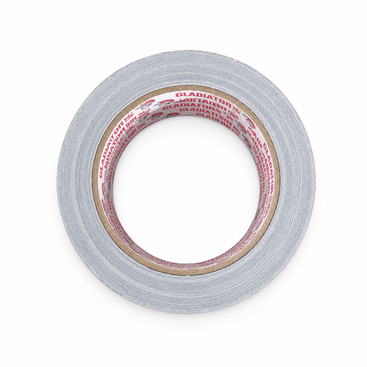 A roll of silver cloth tape seen face on, the branded cardboard core visible through the centre and the cloth weave across the outer edge.