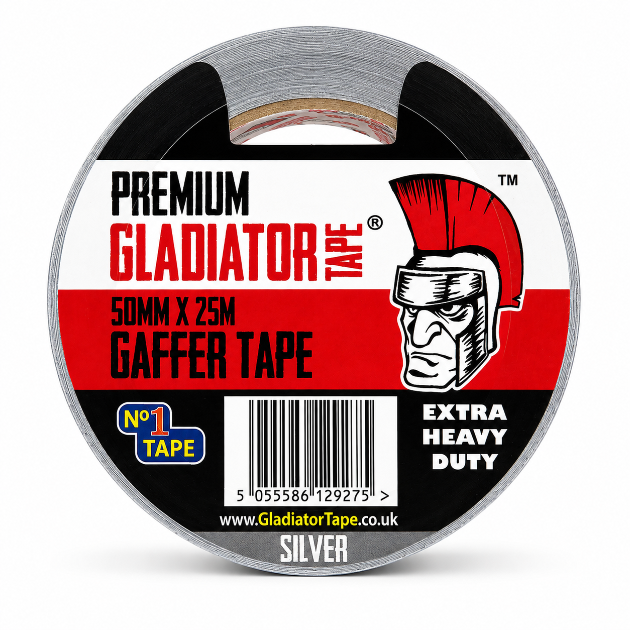 The labelled face of a silver Gladiator gaffer tape roll, printed premium, 50mm x 25m gaffer tape, extra heavy duty, silver, with a barcode.