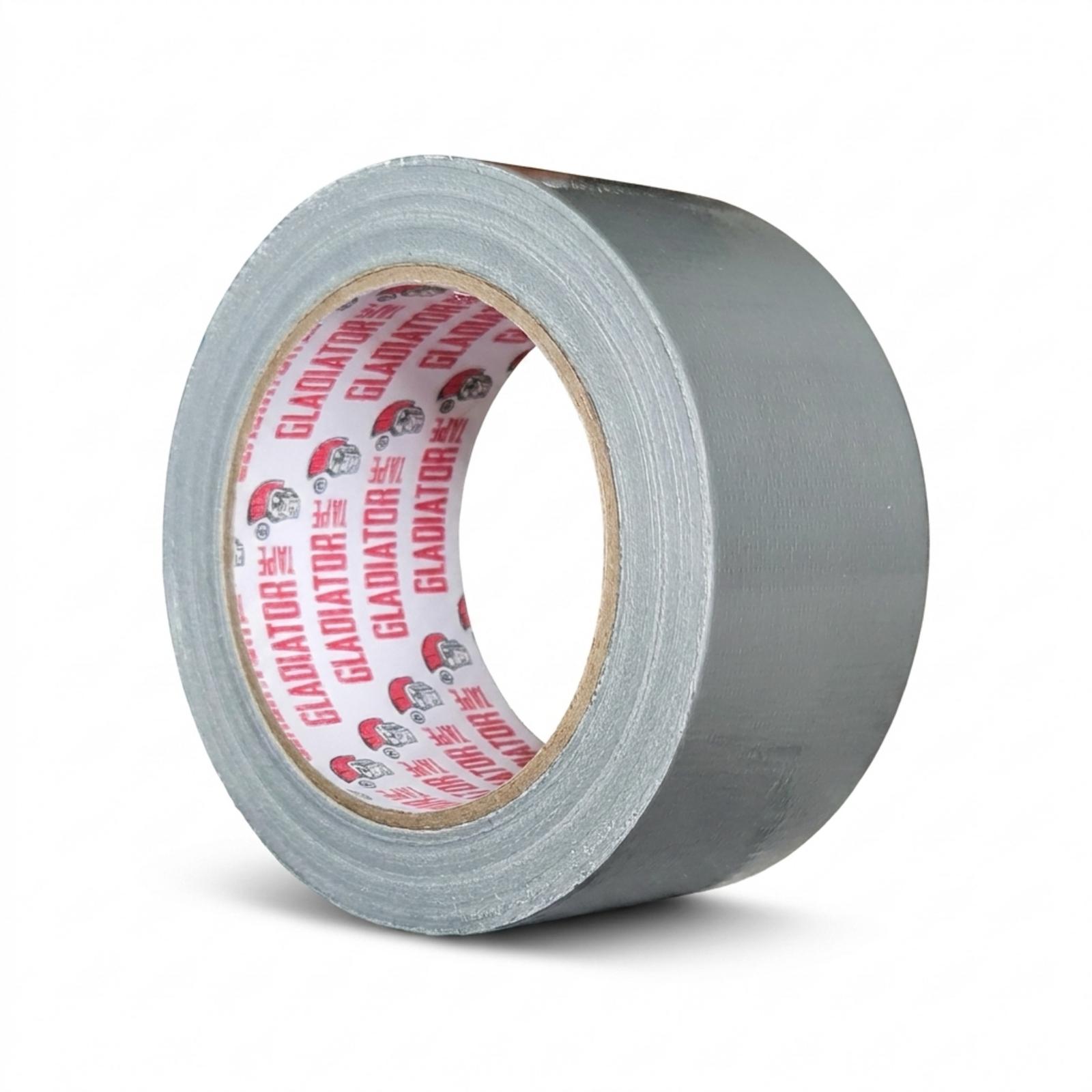 A roll of silver cloth tape at an angle with the core to the left, the full 50mm width of the weave visible along the top.