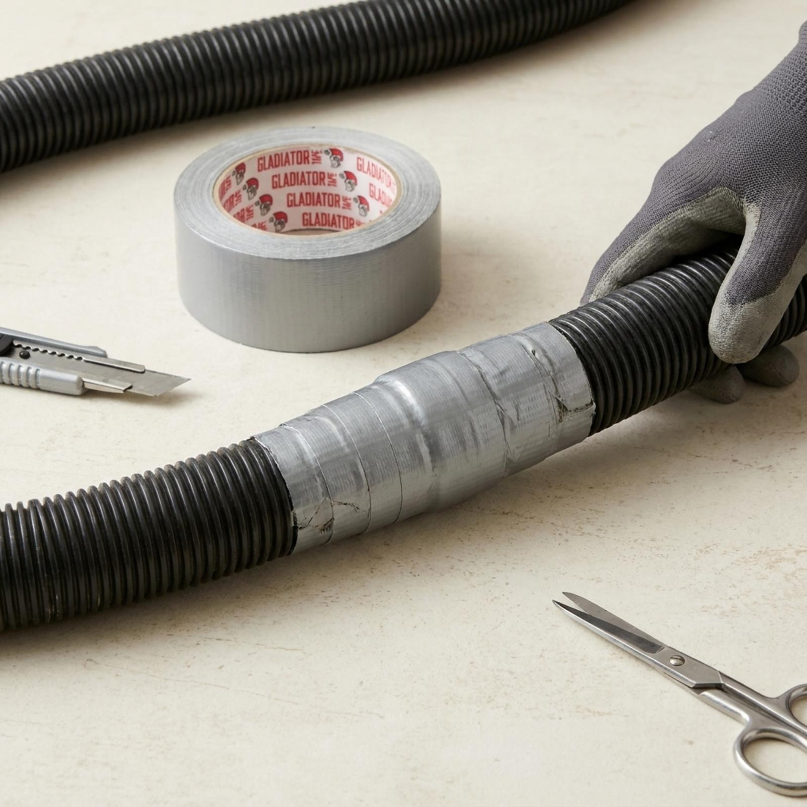A gloved hand joining two lengths of black flexible ducting hose with a wrap of silver tape, beside the roll, a craft knife and scissors.