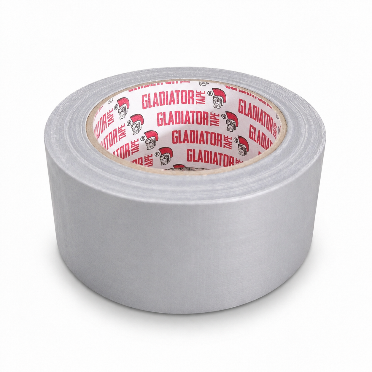 A roll of silver cloth tape at a three-quarter angle, showing the woven surface across its width and the red printed core.