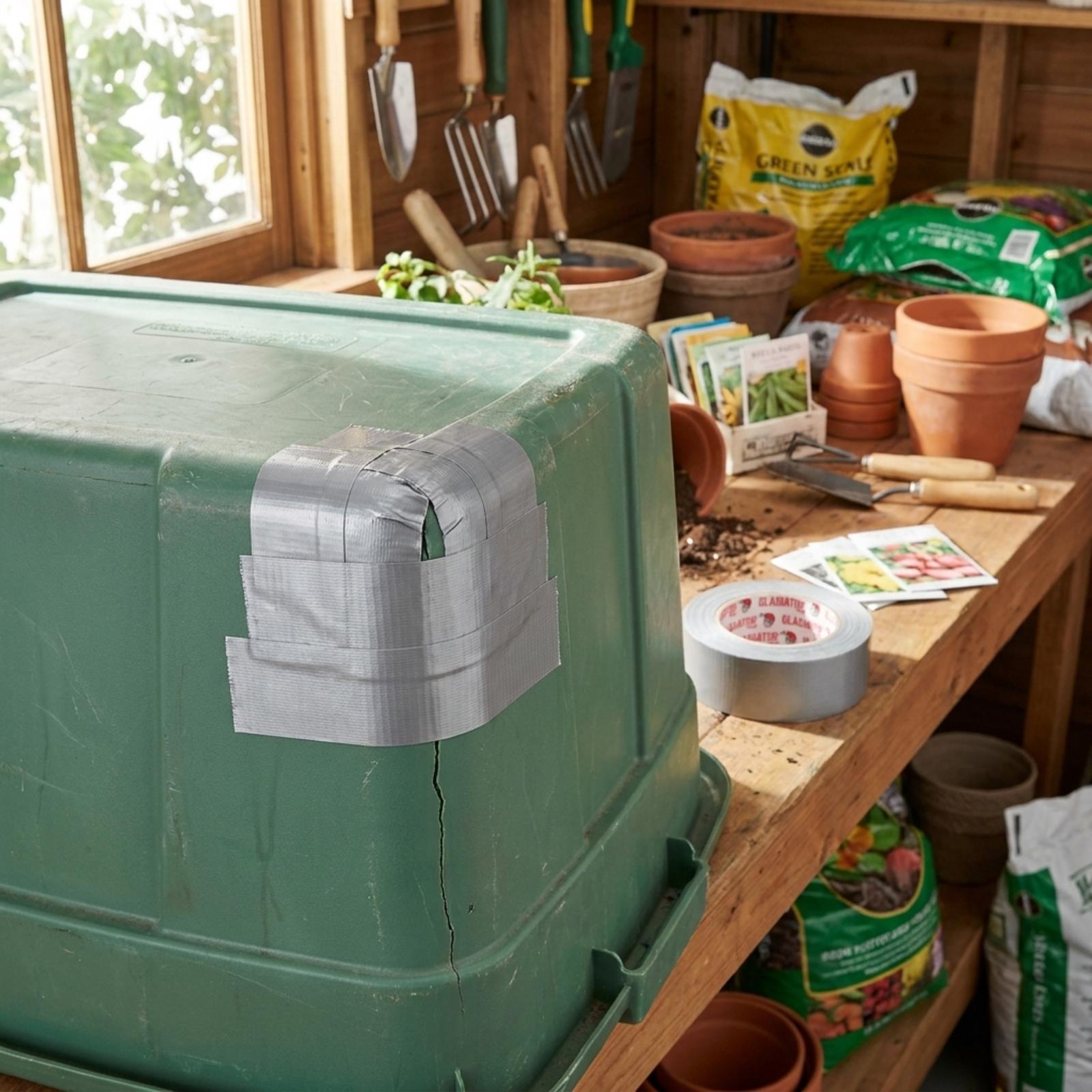 A cracked green plastic storage box repaired with overlapping strips of silver tape around its corner, on a potting bench with hand tools, seed packets and a roll of the tape.
