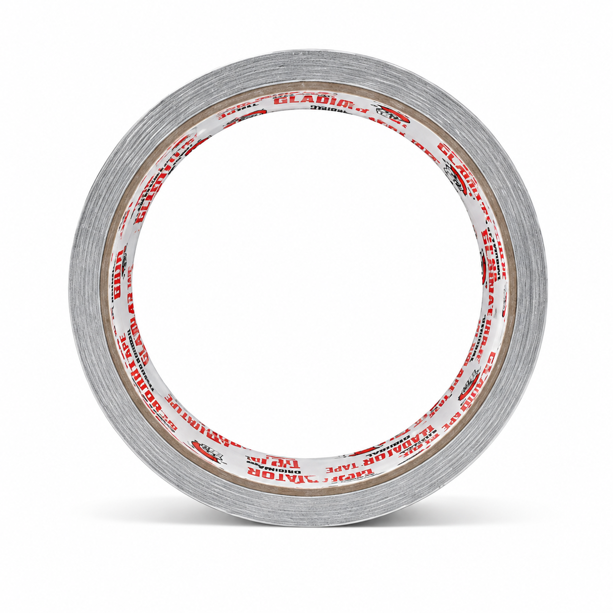 A roll of aluminium foil tape seen face on, looking straight through the branded core, with the cut foil edge visible all round.