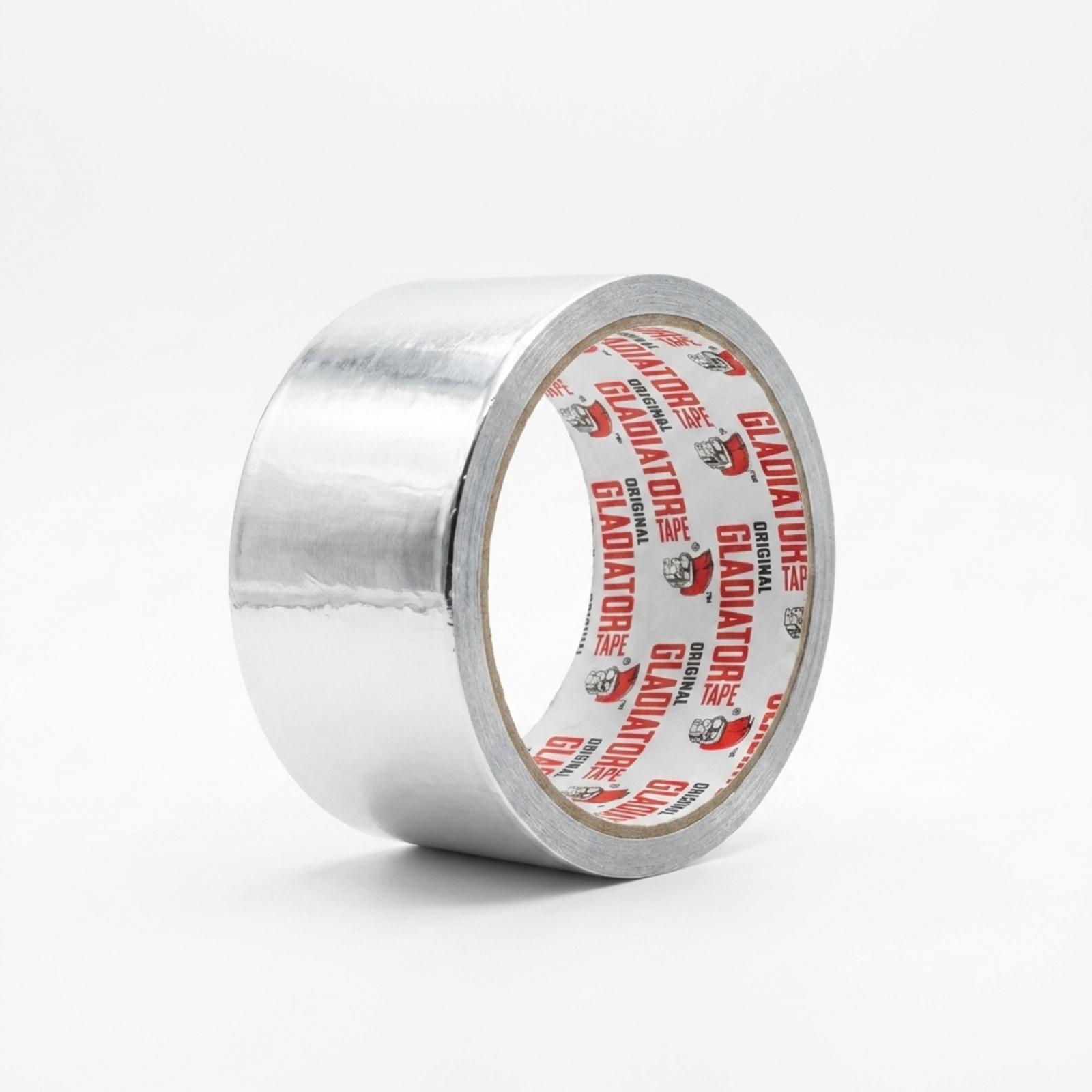 A roll of bright silver aluminium foil tape at an angle, the foil surface catching the light and the branded core facing right.