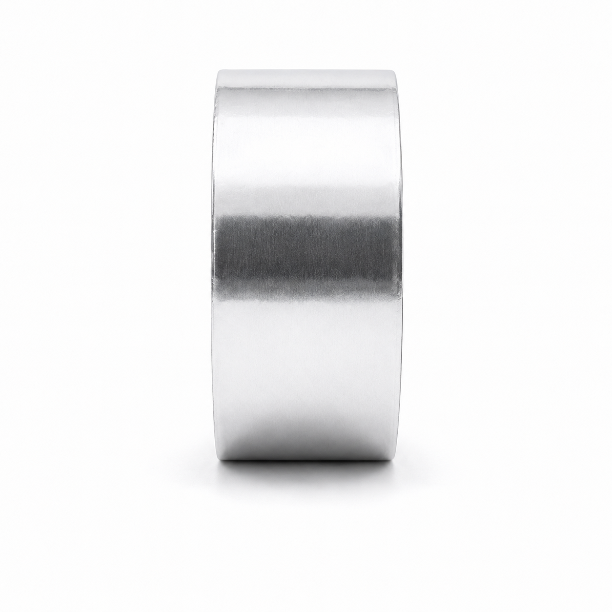 A roll of aluminium foil tape straight from the side, a plain band of bright foil with no core visible.