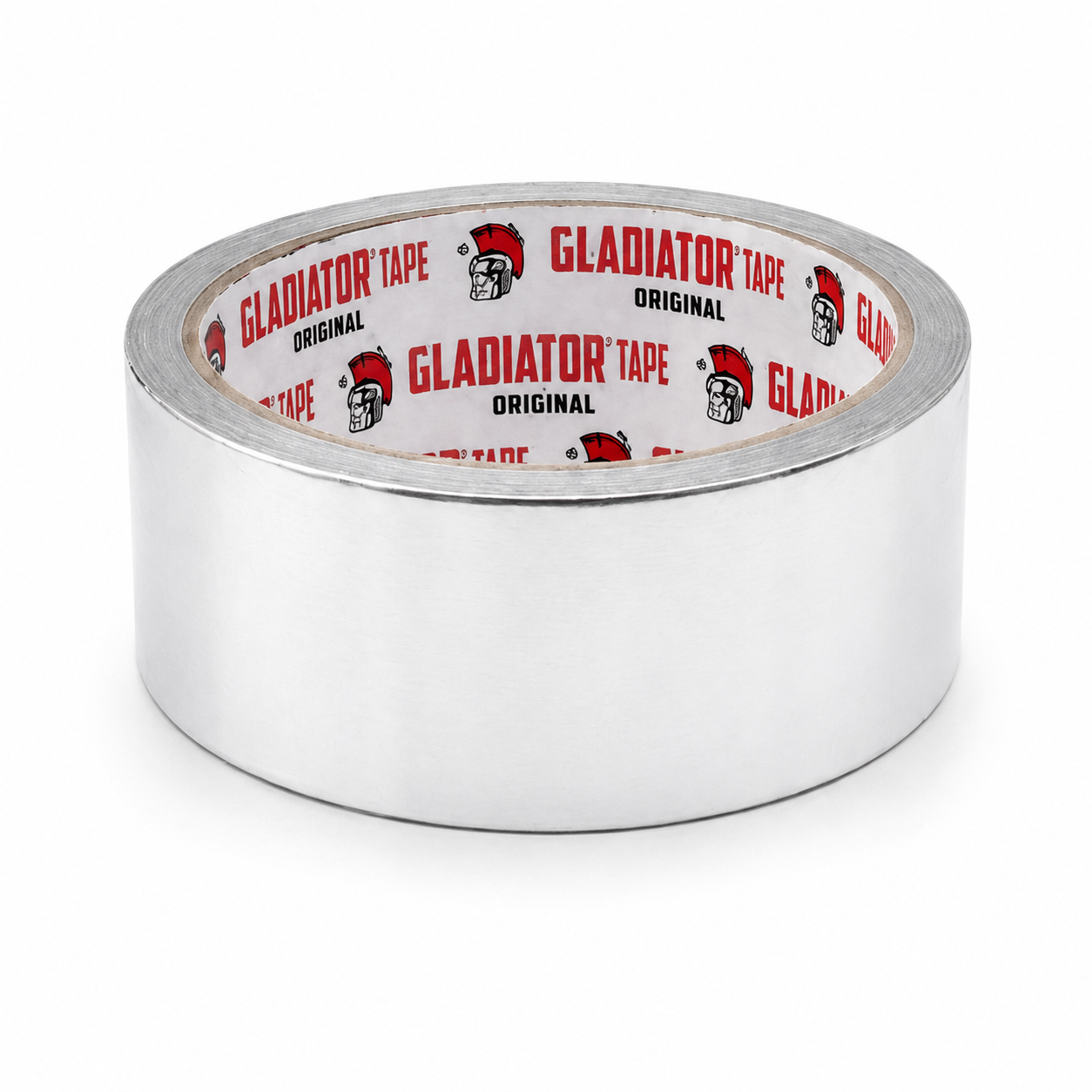 A roll of aluminium foil tape seen from slightly above, the Gladiator Tape Original core lining clearly readable inside.