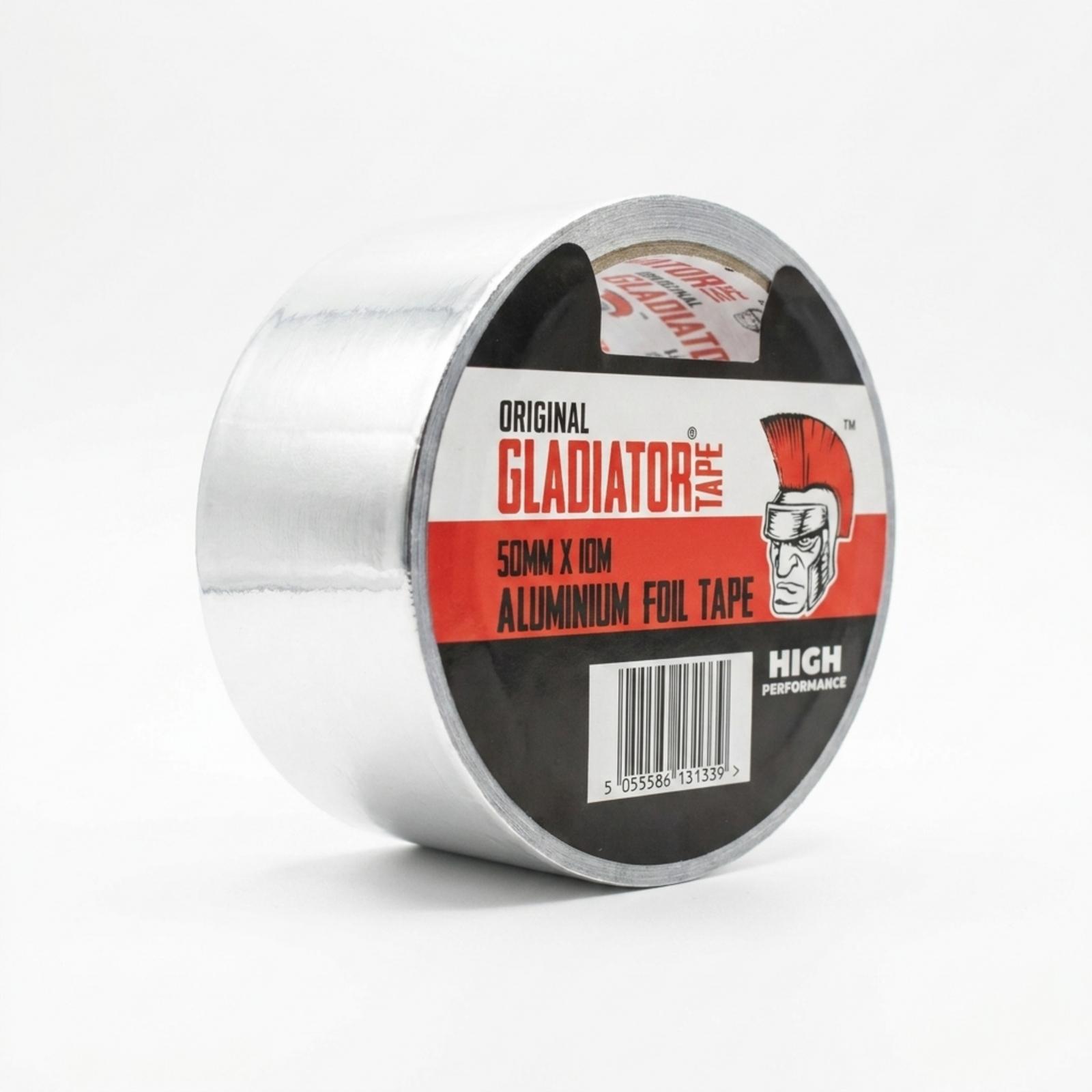 A roll of aluminium foil tape at an angle, its label printed original Gladiator Tape, 50mm x 10m aluminium foil tape, high performance, with a barcode.