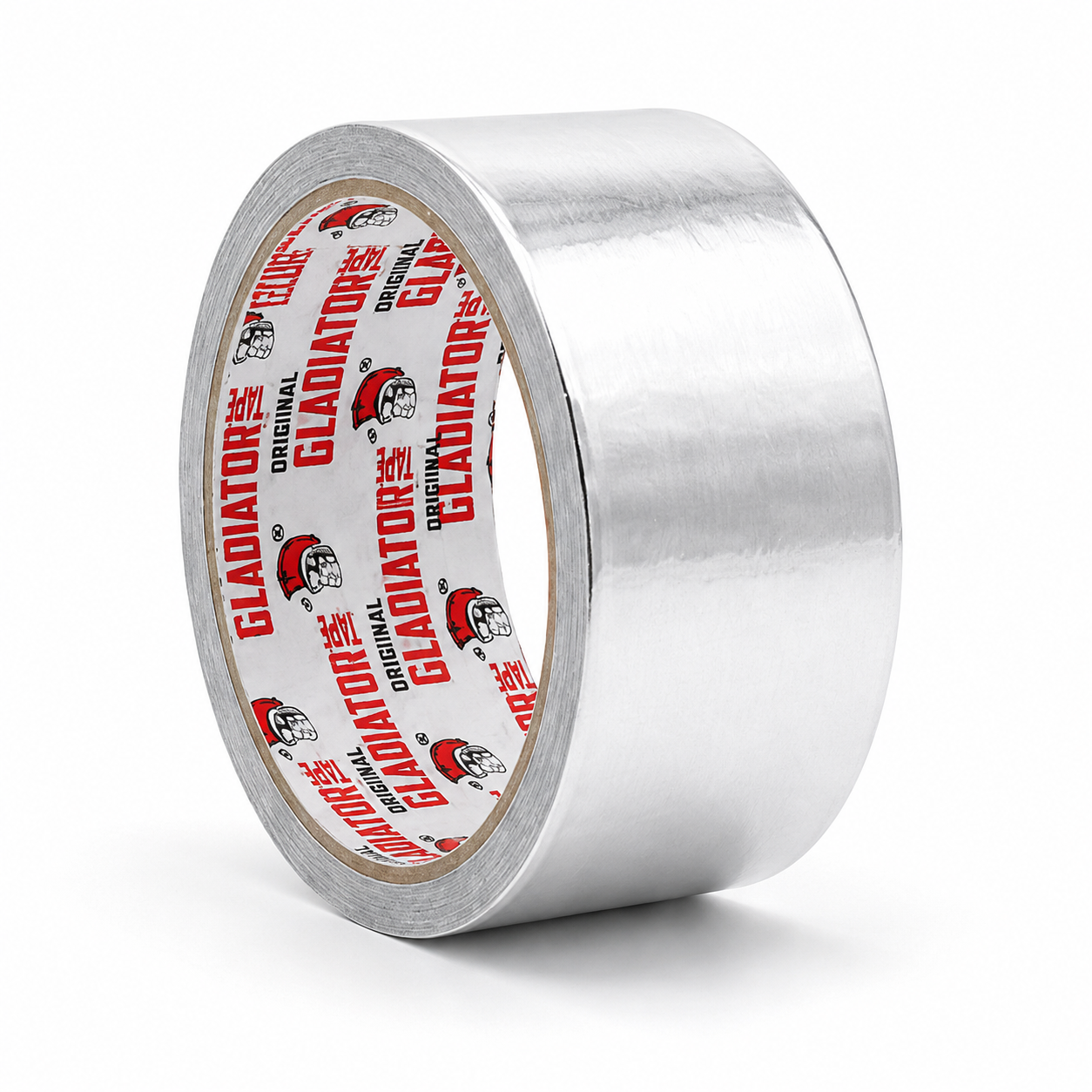 A roll of aluminium foil tape at a three-quarter angle, the smooth foil surface across its width and the printed core to the left.