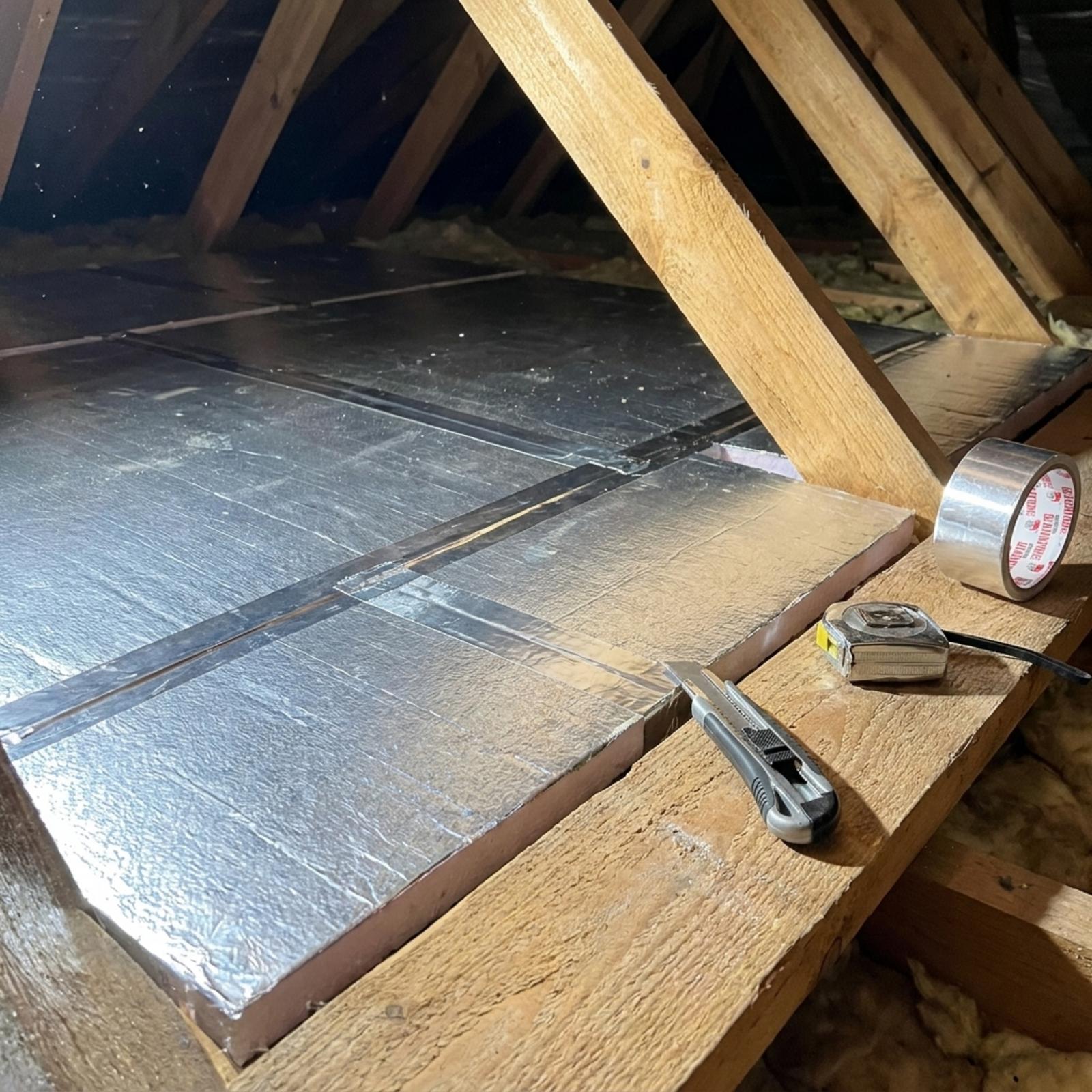 Foil-faced insulation boards fitted between loft rafters with every seam taped, a roll of the foil tape, a craft knife and a tape measure resting on a joist.