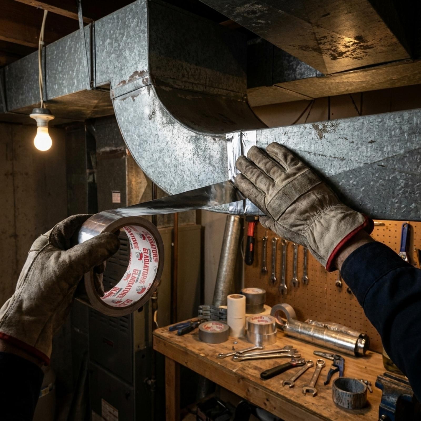 Gloved hands smoothing foil tape along the joint of a galvanised ducting run in a plant room, with the roll in one hand and spanners on a pegboard behind.