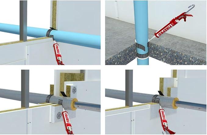 Four illustrations of the wrap fitted around pipes at wall and floor penetrations, with a FirePro sealant cartridge and gun applying sealant at each collar.