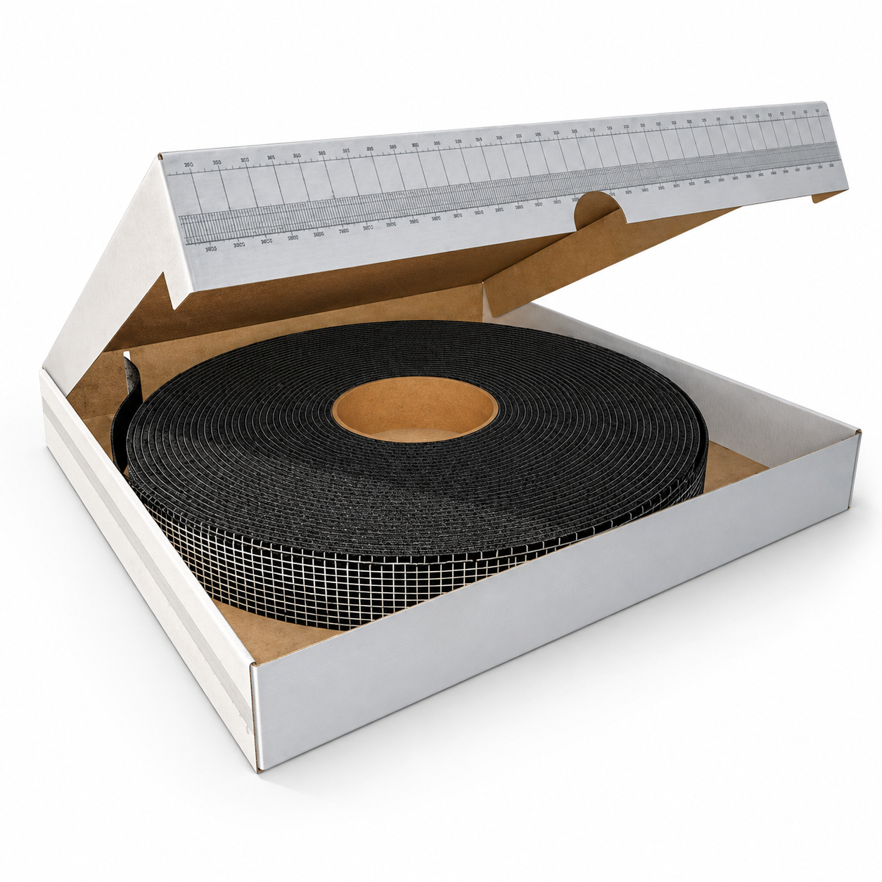 A coil of dark, close textured intumescent wrap lying in an open white cardboard box with the lid raised.