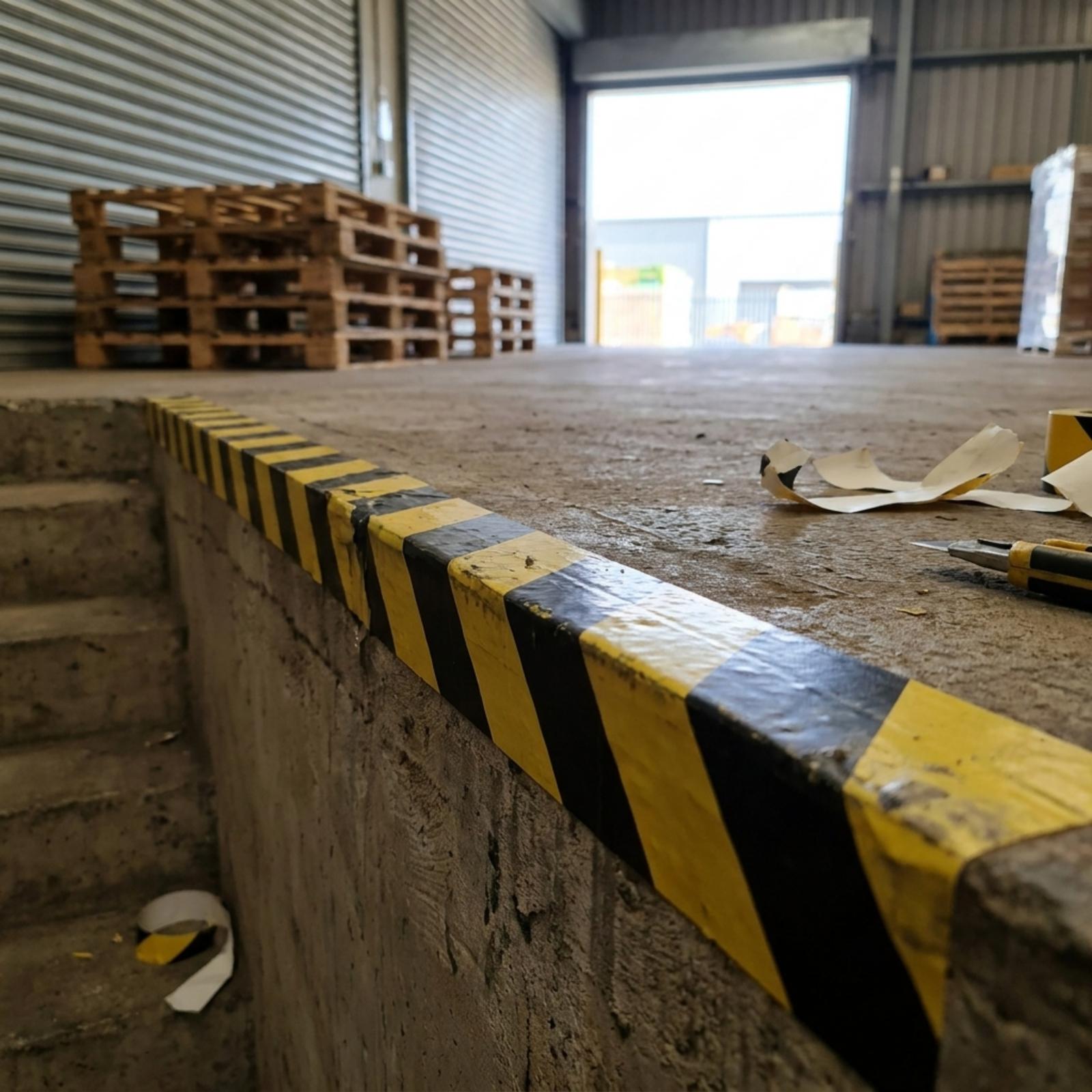A concrete step edge in a loading bay taped along its full nose with hazard tape, stacked pallets behind and offcuts and snips left on the ground.