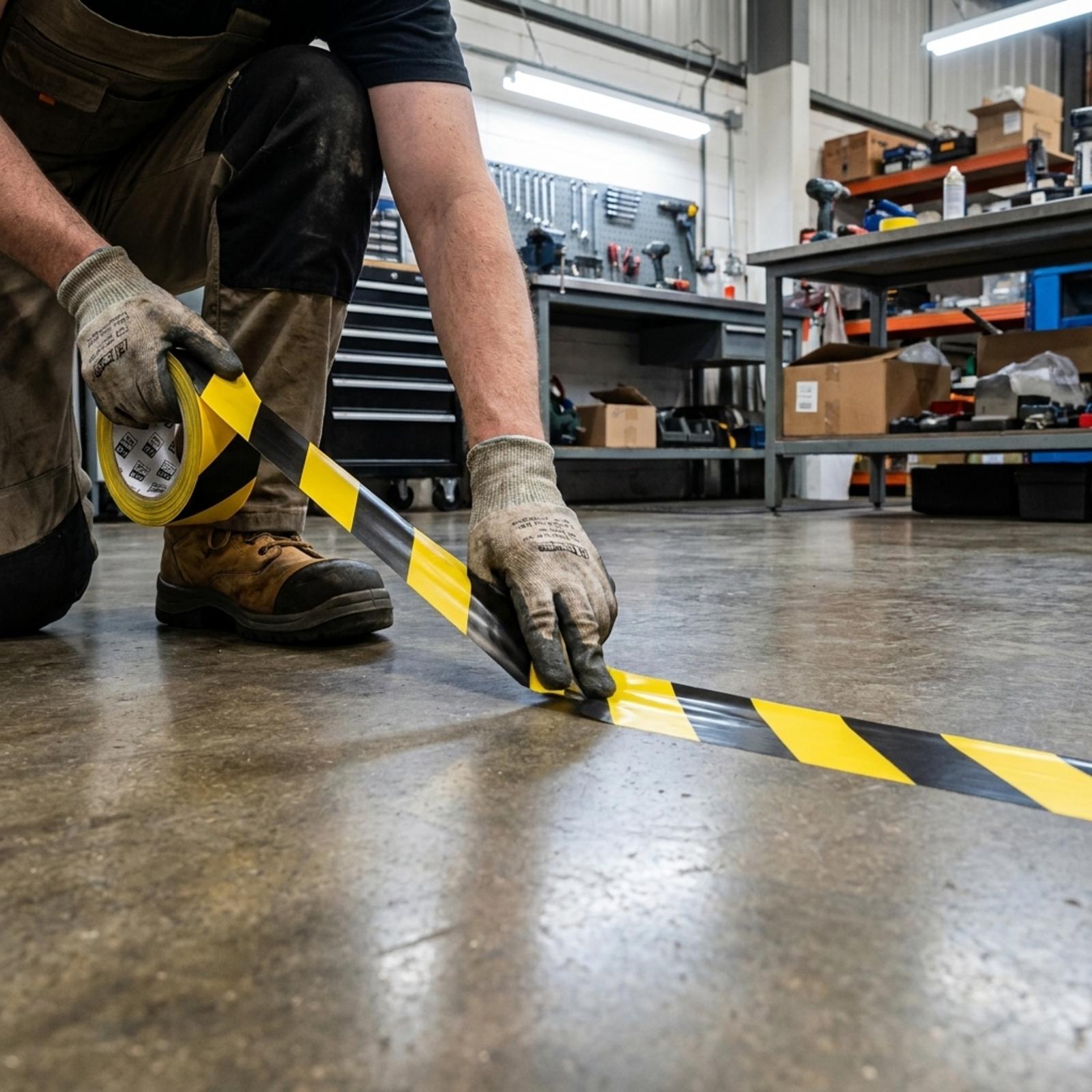 A kneeling worker in gloves pressing a hazard line onto a workshop floor, the roll in one hand, with a tool chest and pegboard behind.
