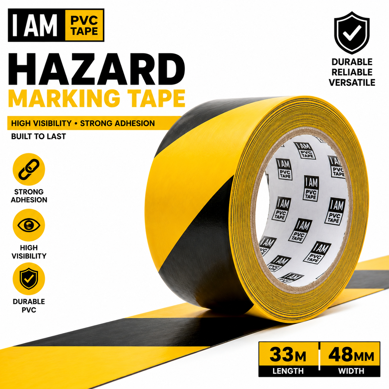 A roll of black and yellow striped hazard tape with a length running out of frame, beside icons reading strong adhesion, high visibility and durable PVC, and the size 33m by 48mm.