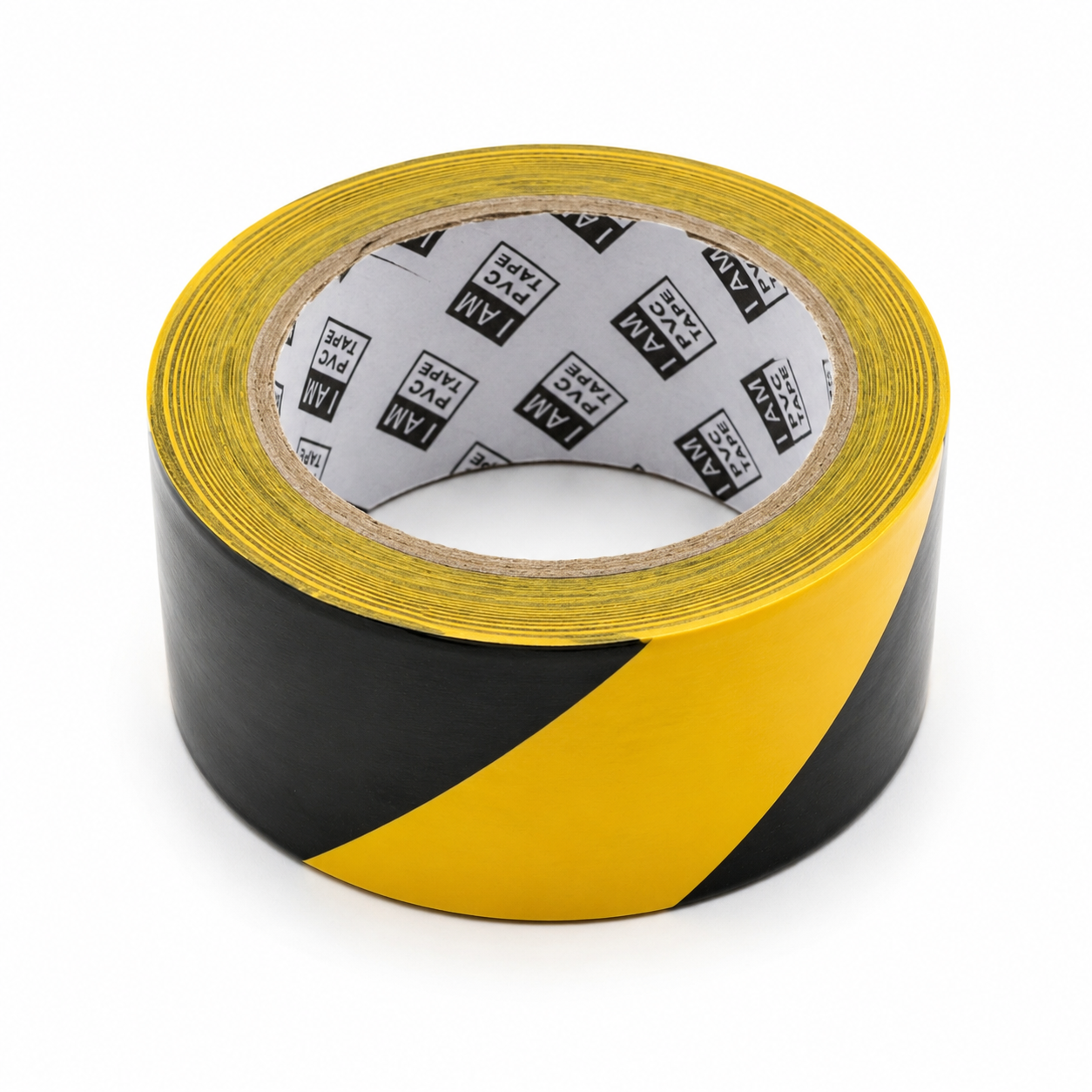 A roll of hazard tape from slightly above, the black and yellow diagonals across its width and the branded core facing up.