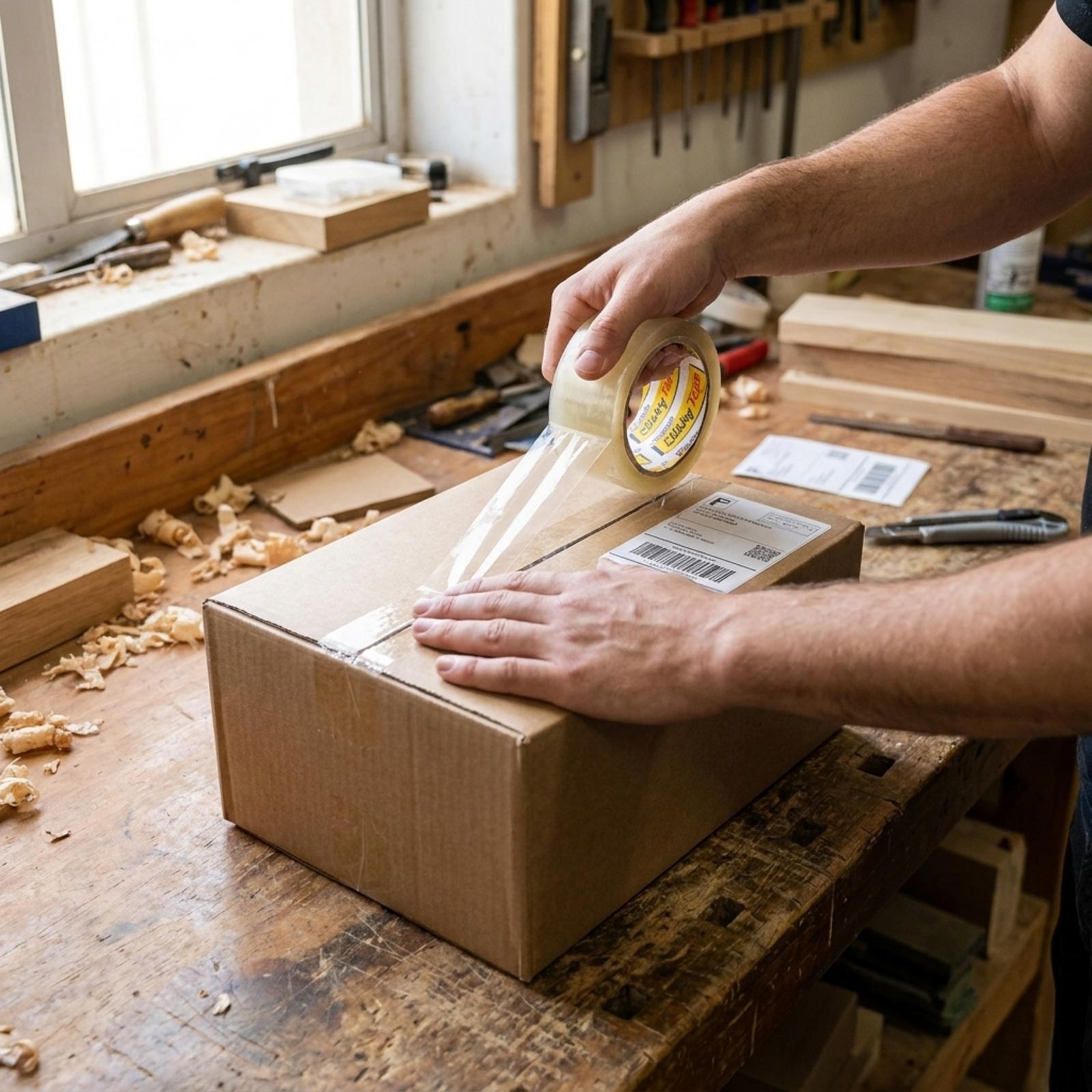 A hand pulling clear tape from the roll to seal a cardboard box on a woodworking bench, a shipping label and craft knife alongside amid wood shavings.