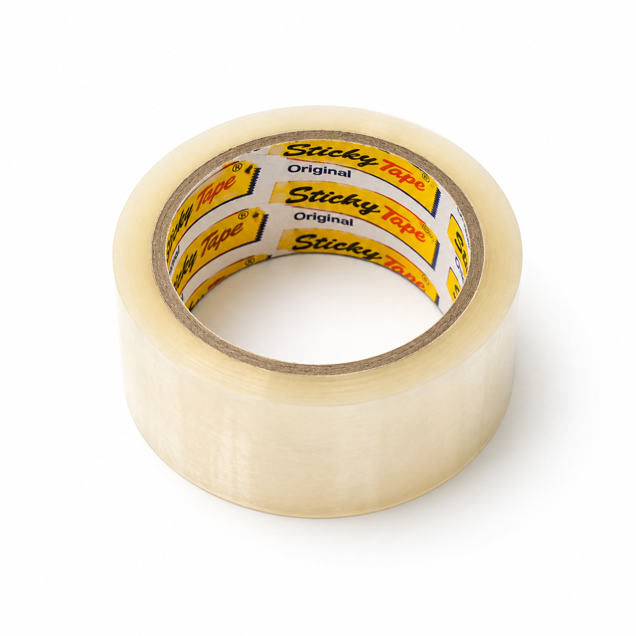 A roll of clear packaging tape from above, the Sticky Tape Original core liner clearly readable through the middle.