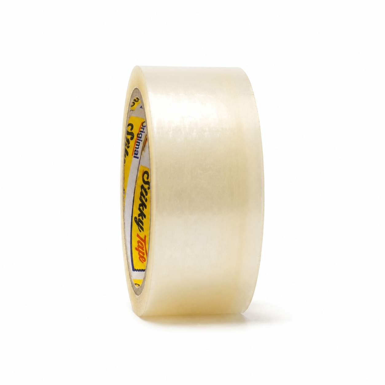 A roll of clear packaging tape standing on edge, almost end on, the branded core narrow to the left and the clear film filling the width.