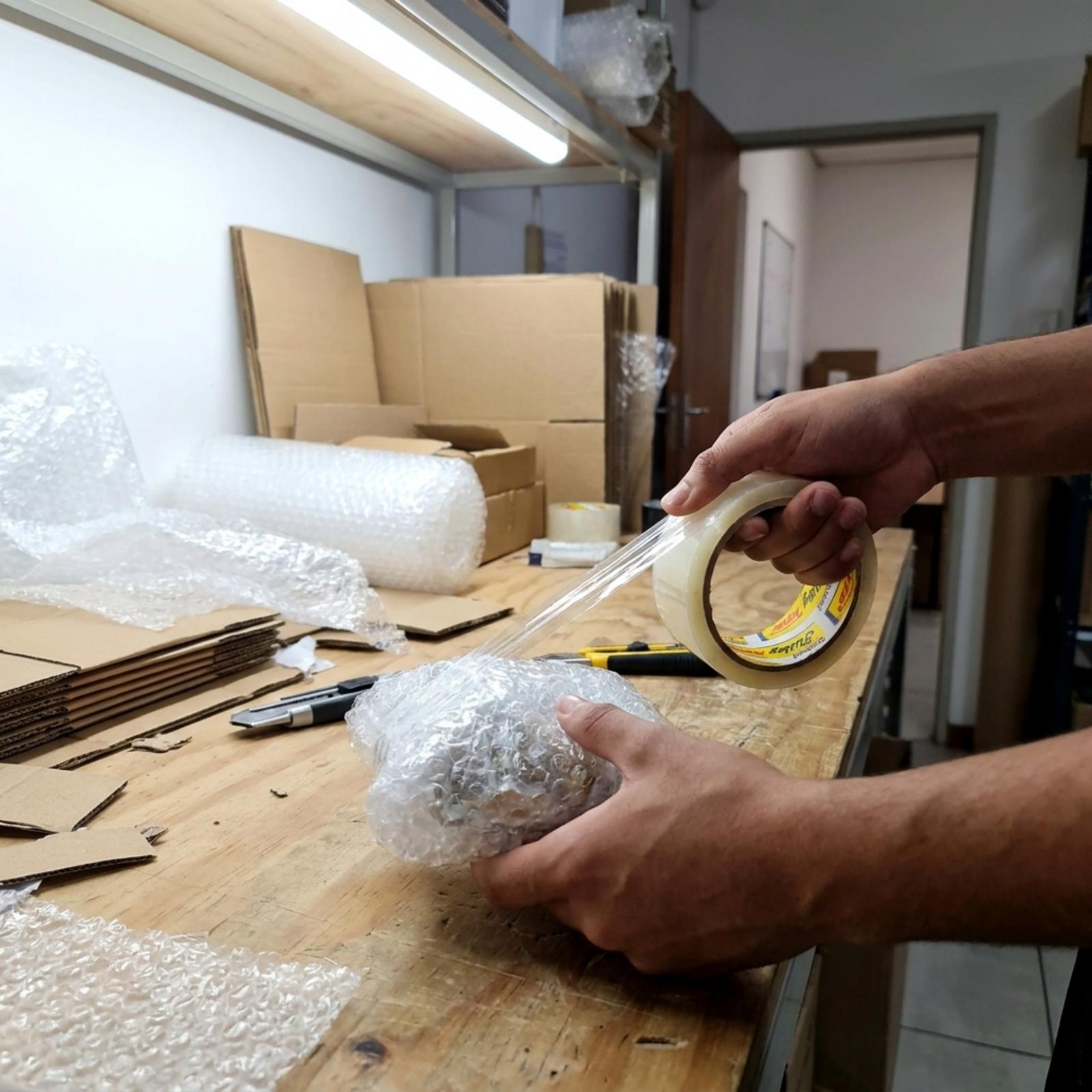 Hands taping a bubble-wrapped item closed at a packing station, with flat cardboard boxes, a roll of bubble wrap and a craft knife on the bench.