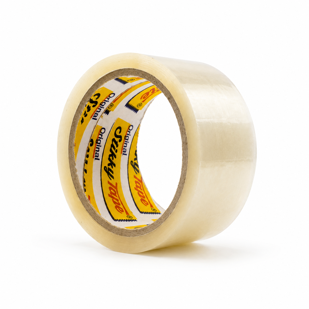A roll of clear packaging tape at a three-quarter angle, the transparent film catching the light and the yellow branded core to the left.