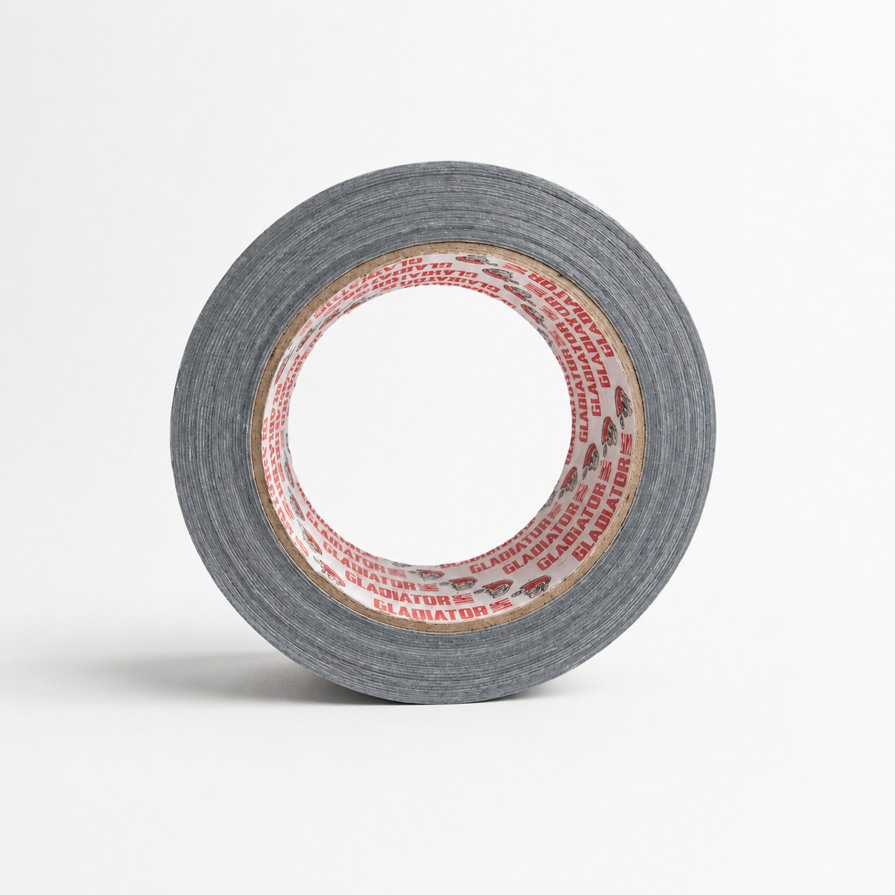 A roll of black cloth tape seen face on, the cut edge of the wound cloth visible all round and the branded core through the middle.