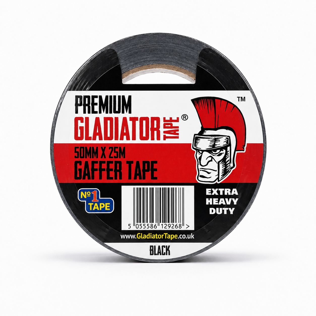 The labelled face of a black Gladiator gaffer tape roll, printed premium, 50mm x 25m gaffer tape, extra heavy duty, black, with a barcode.