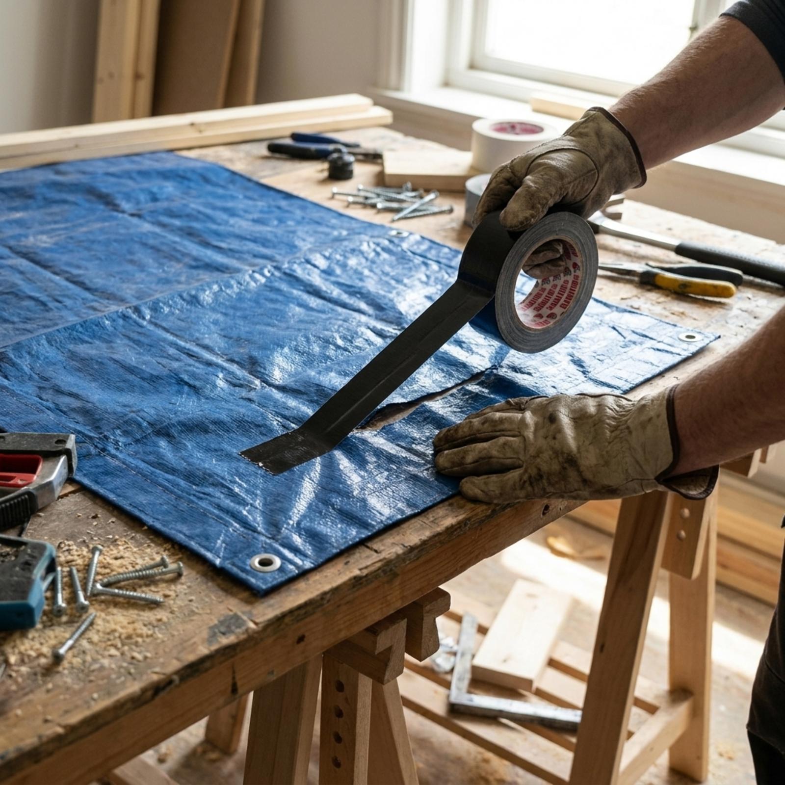 Gloved hands laying a strip of black tape along the edge of a blue tarpaulin on a trestle workbench, among screws and hand tools.