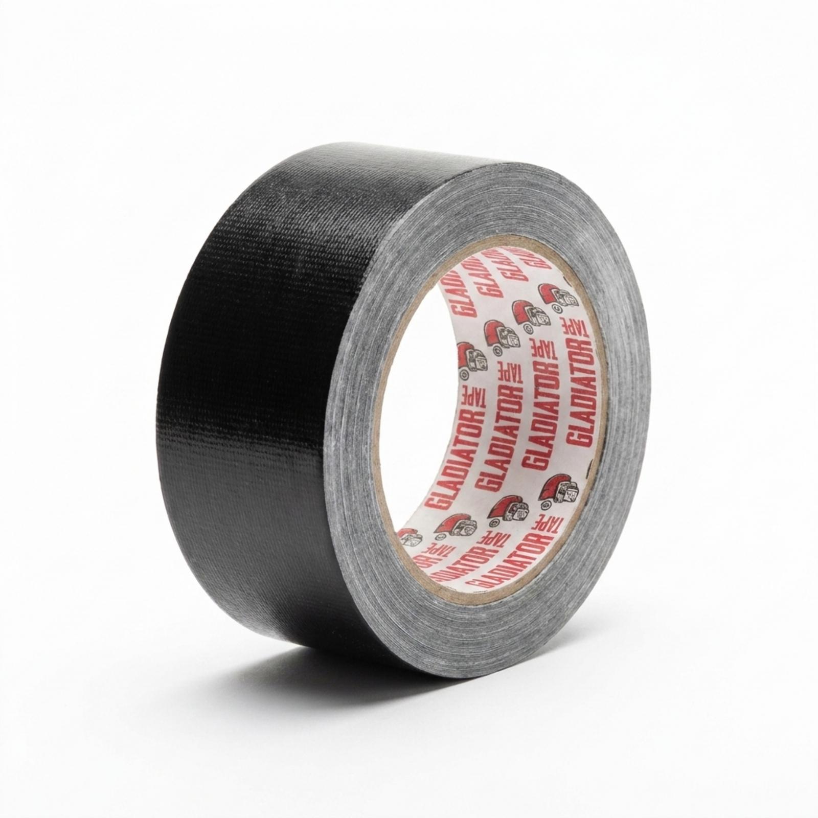A roll of black cloth tape standing at an angle, the matt woven surface facing left and the branded core to the right.