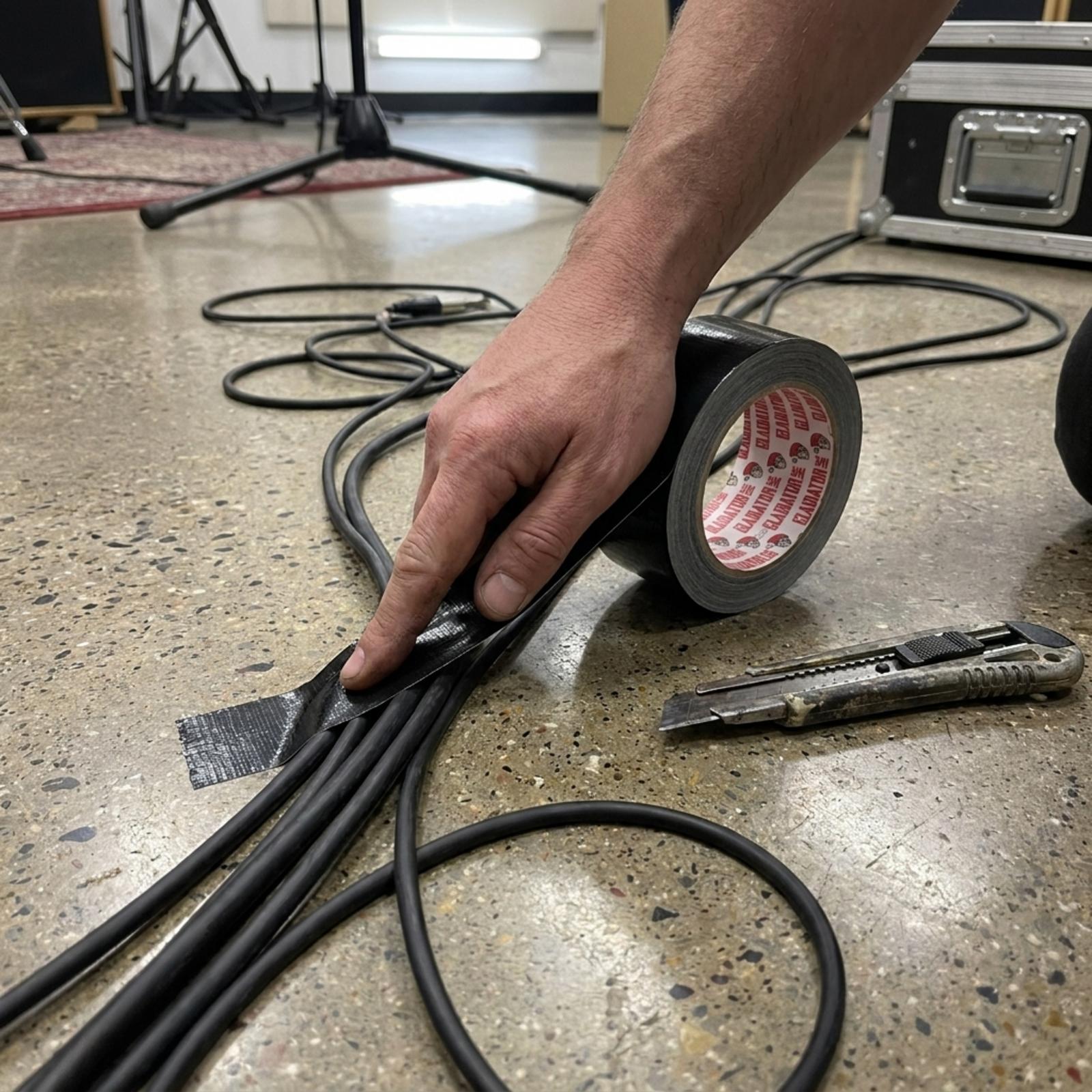 A hand pressing black tape over a bundle of cables run across a polished floor, beside the roll and a craft knife, with microphone stands and a flight case behind.