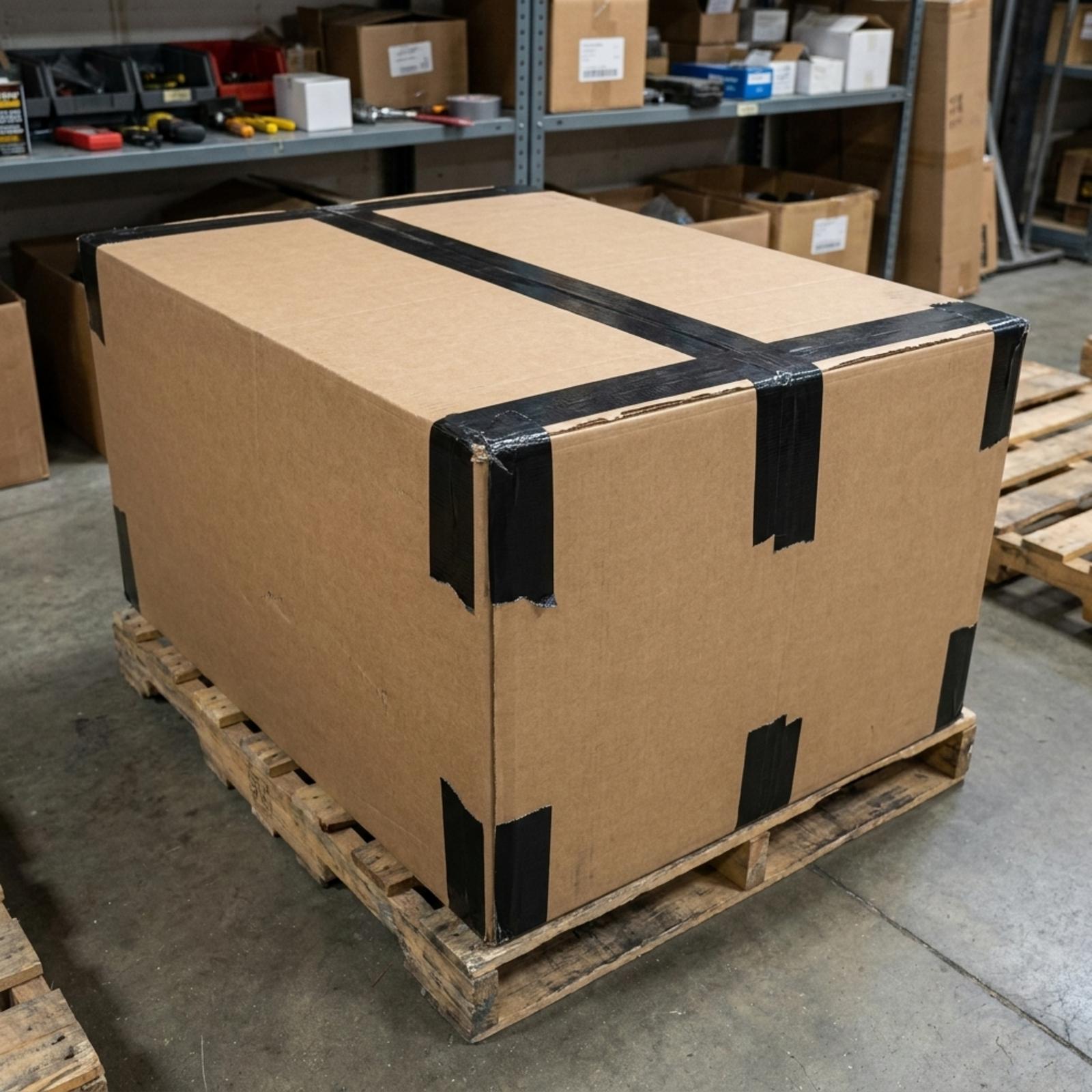 A large cardboard box on a wooden pallet in a warehouse, its lid seam and every corner reinforced with strips of black tape.